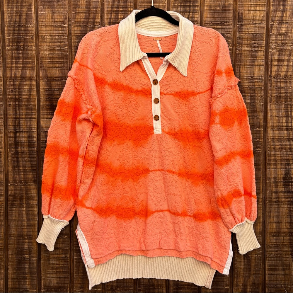 Free People Orange Sunrise Henley Tie Dye Polo Long Sleeve